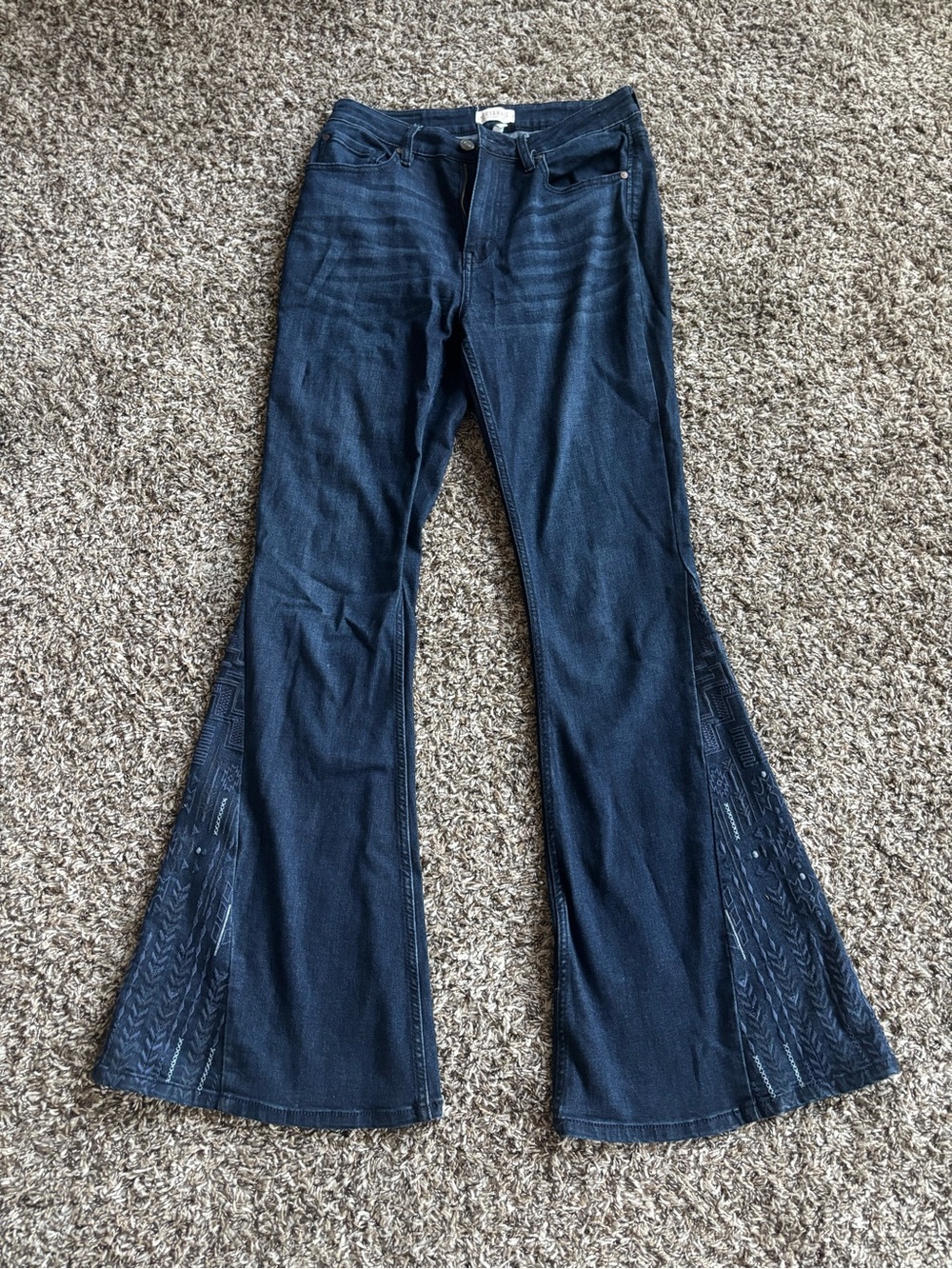 Shyanne Dark Blue Flare Jeans with Embroidered Panels